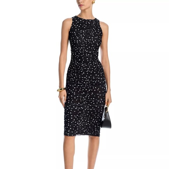 119$ Bardot Felicia Polka Dot Mesh Midi Sheath Dress Sleeveless Size 8 Black - Picture 3 of 4
